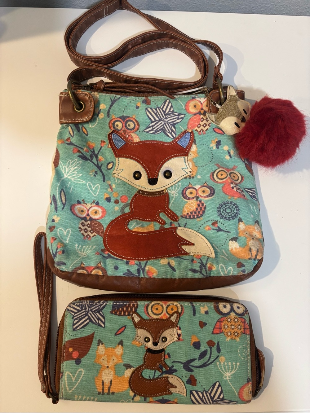 Chala Handbag Fox & Owl Canvas Crossbody Purse and Zip-Around Wristlet